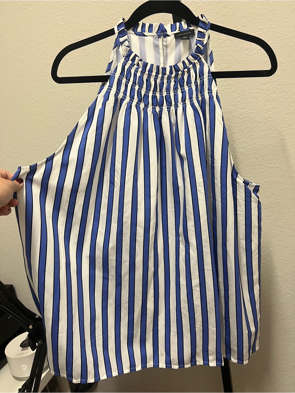 Ann Taylor Blue and White Striped Halter Smocked Neck Camisole